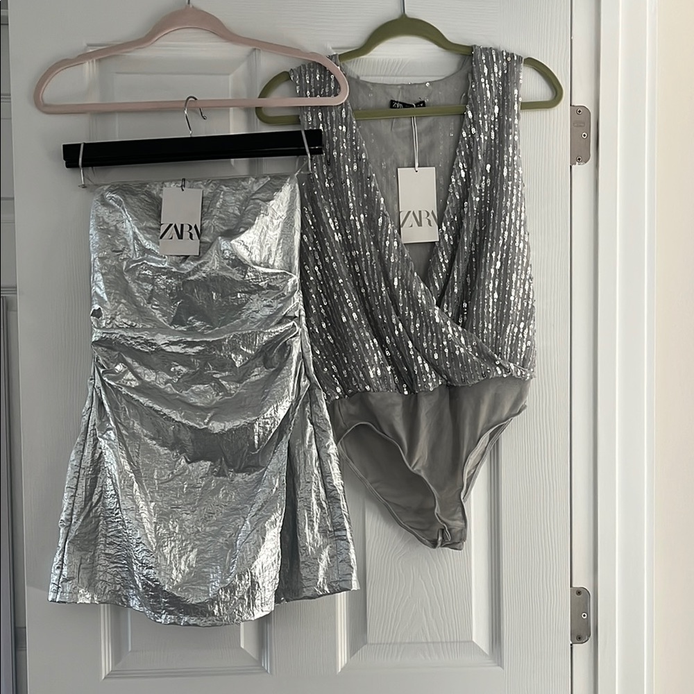 Zara metallic bodysuit and strapless romper size small NEW